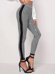  Houndstooth & Striped Print Leggings Medium Stretch Slim Fit