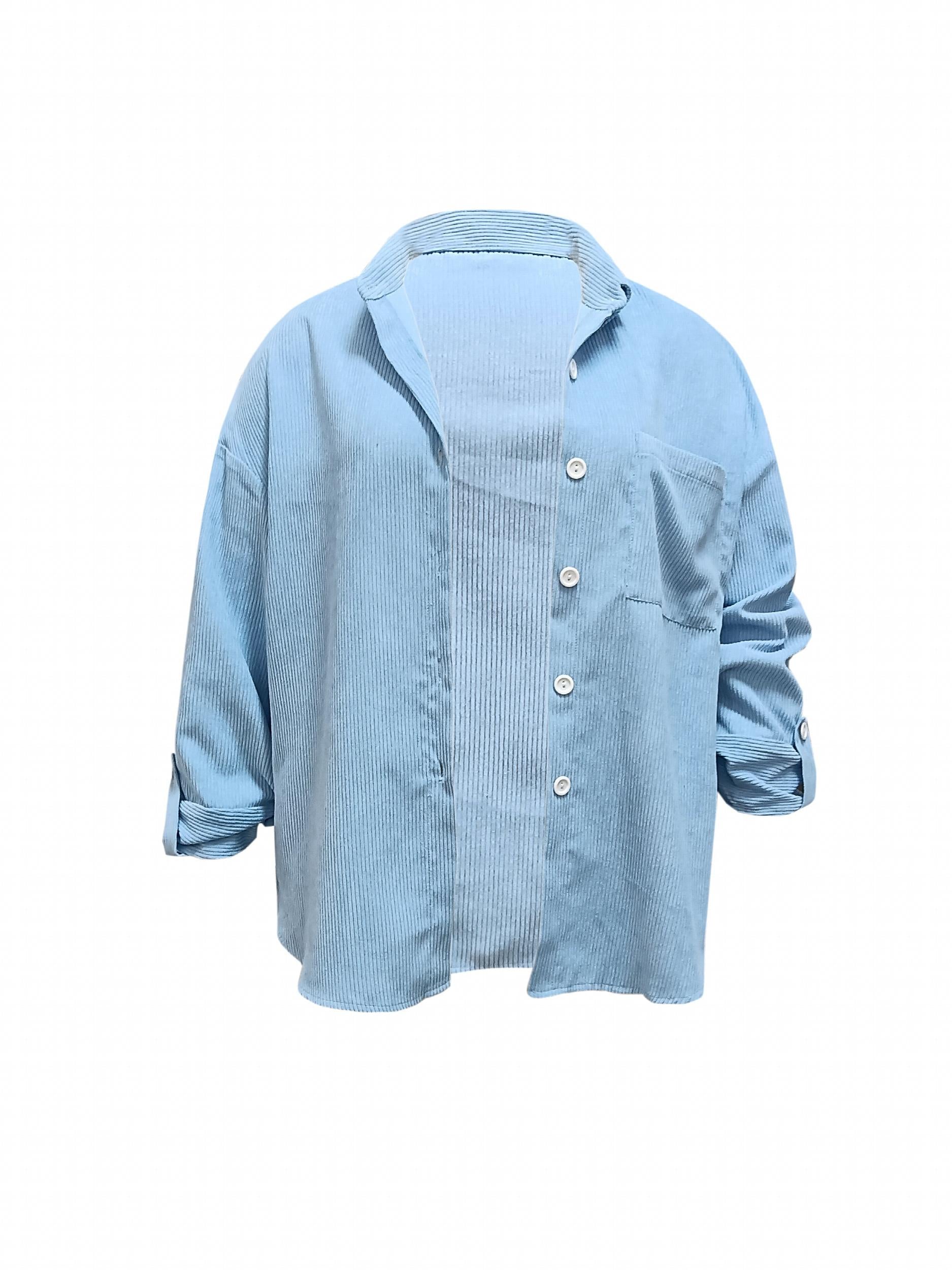  Corduroy Roll Up Sleeve Button Up Collar Top