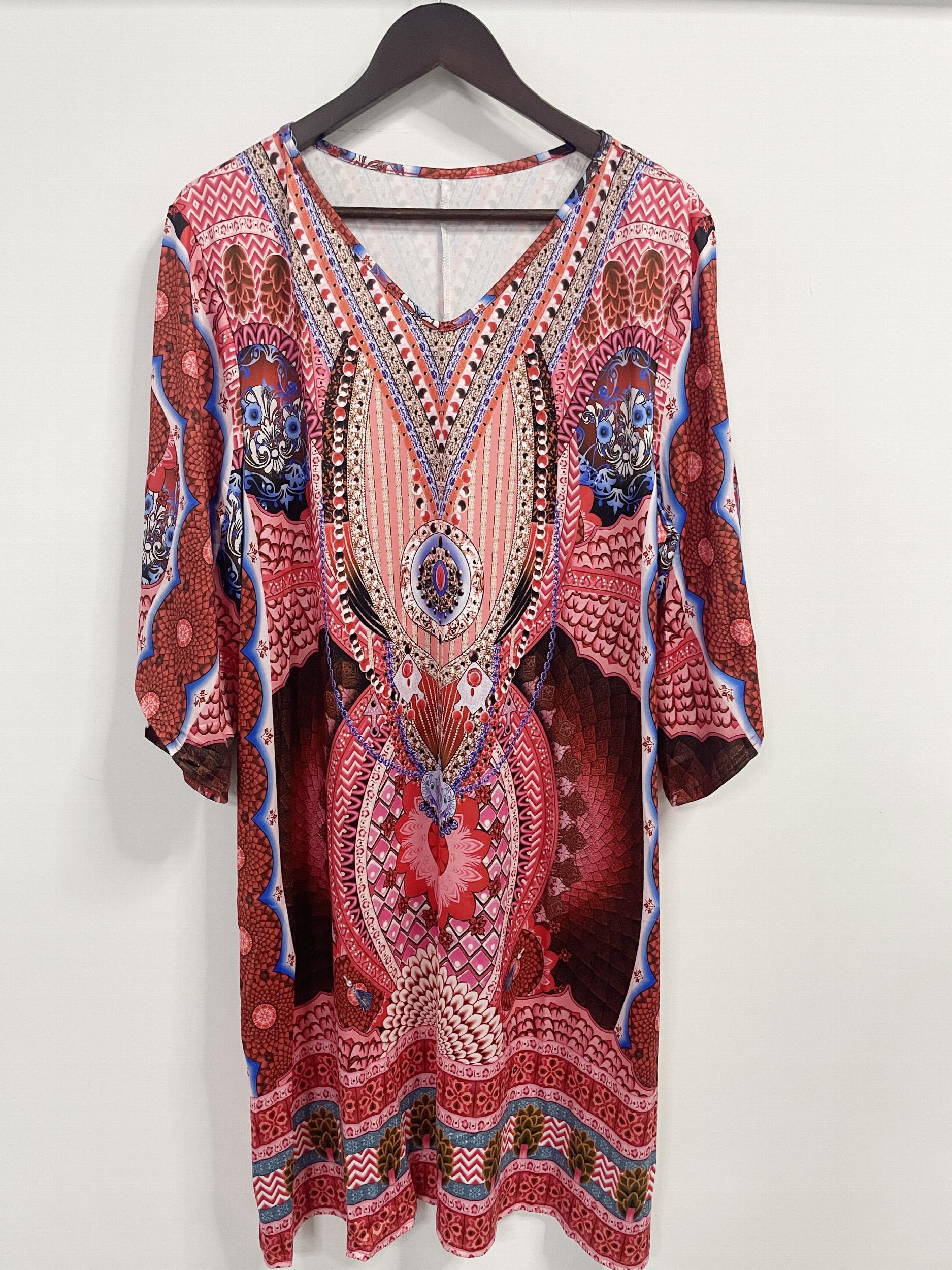  Boho Dress Women's Plus Floral Print Half Sleeve V Neck Dress