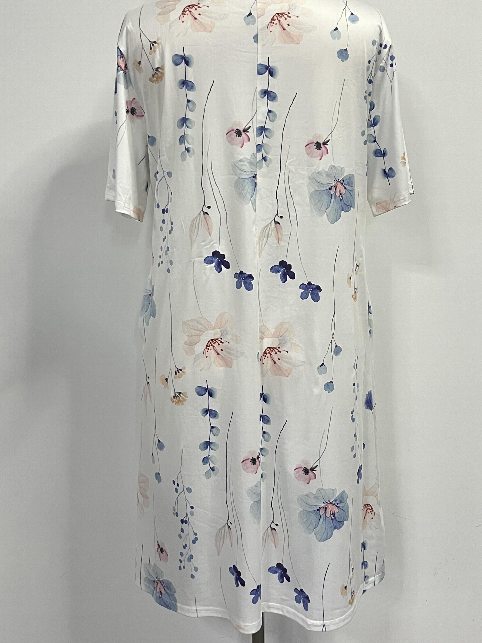 Floral Print Short Sleeve Pleated Dress With Pockets