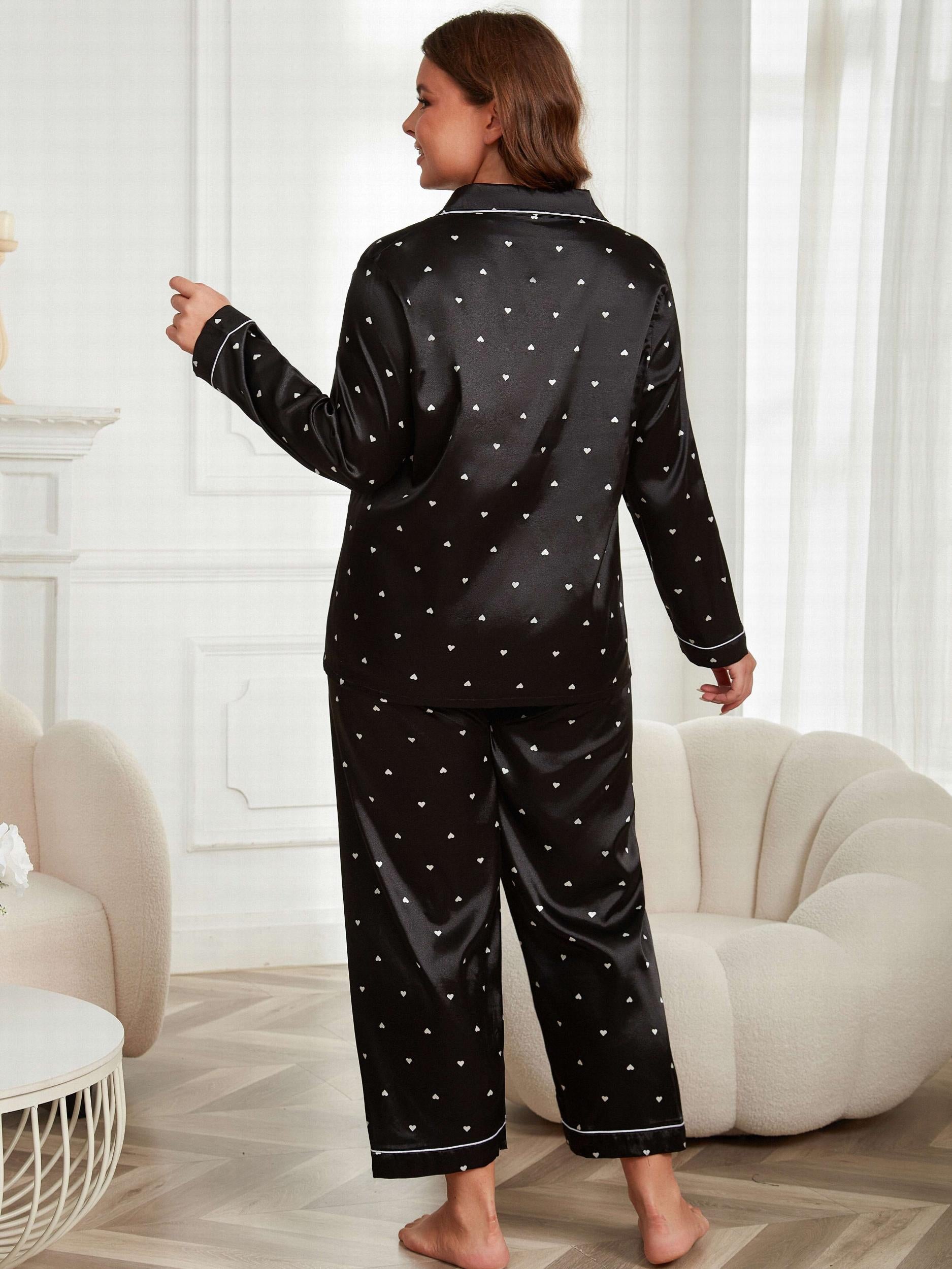  Satin Heart Print Pajama Set Shirt & Pants Lounge Two Piece