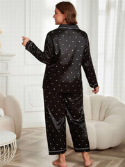  Satin Heart Print Pajama Set Shirt & Pants Lounge Two Piece