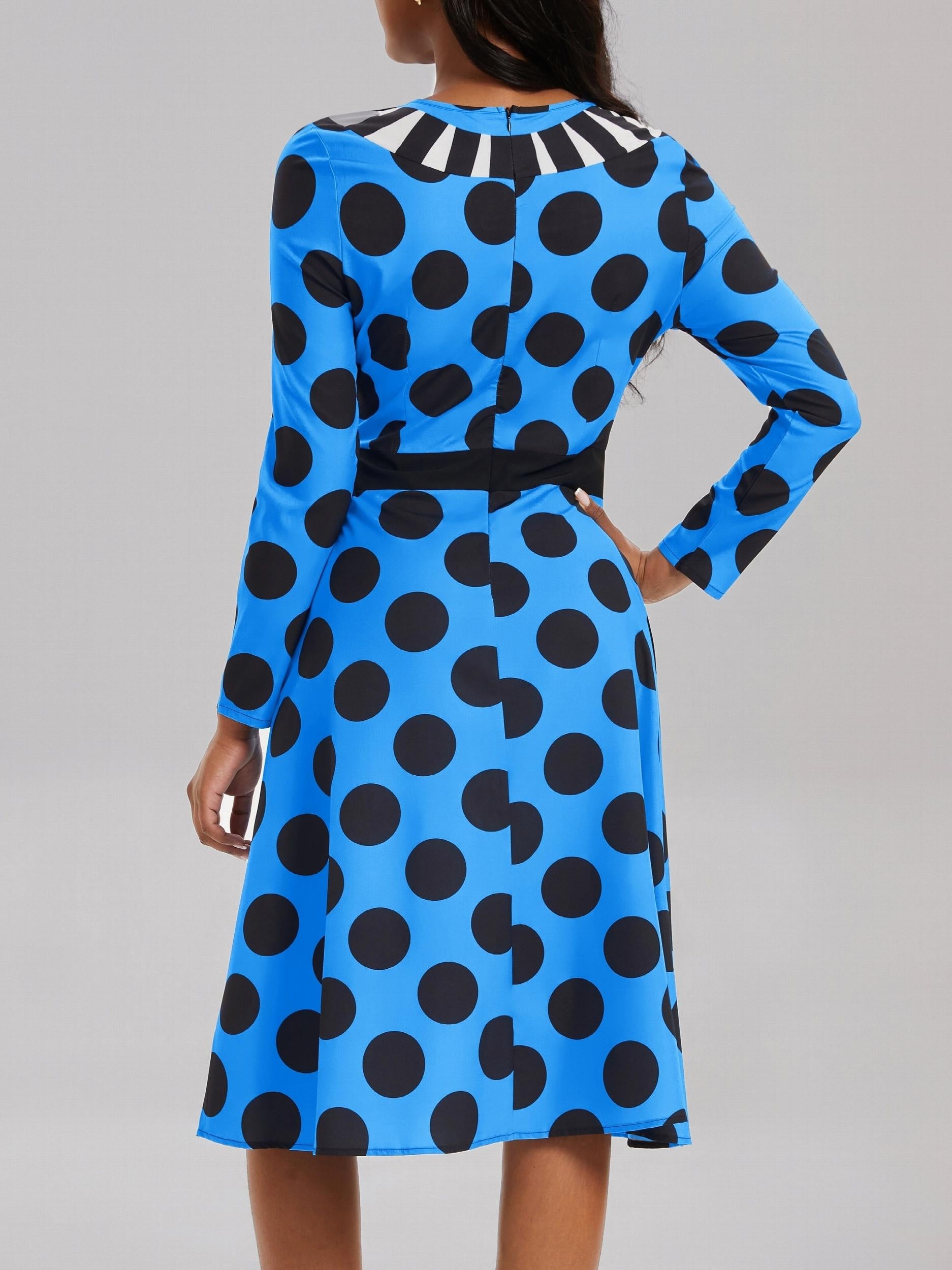  Polka Dot Print Long Sleeve Dress With Pockets