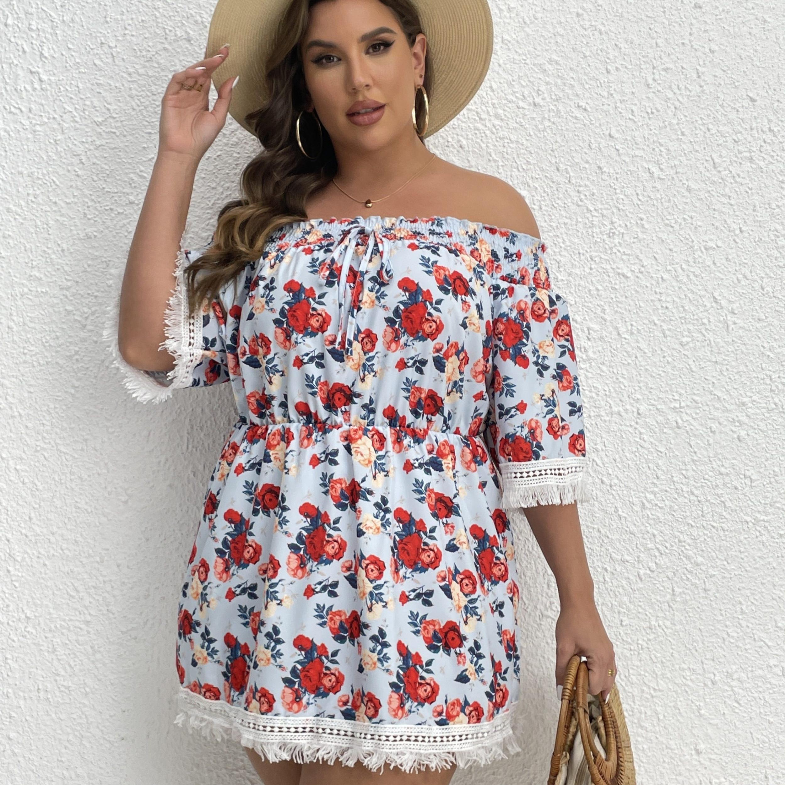 Vacay Blouse Women's Plus Shirred Rose Print Off Shoulder Tie Blouse