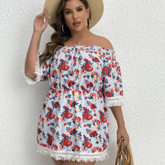  Vacay Blouse Women's Plus Shirred Rose Print Off Shoulder Tie Blouse