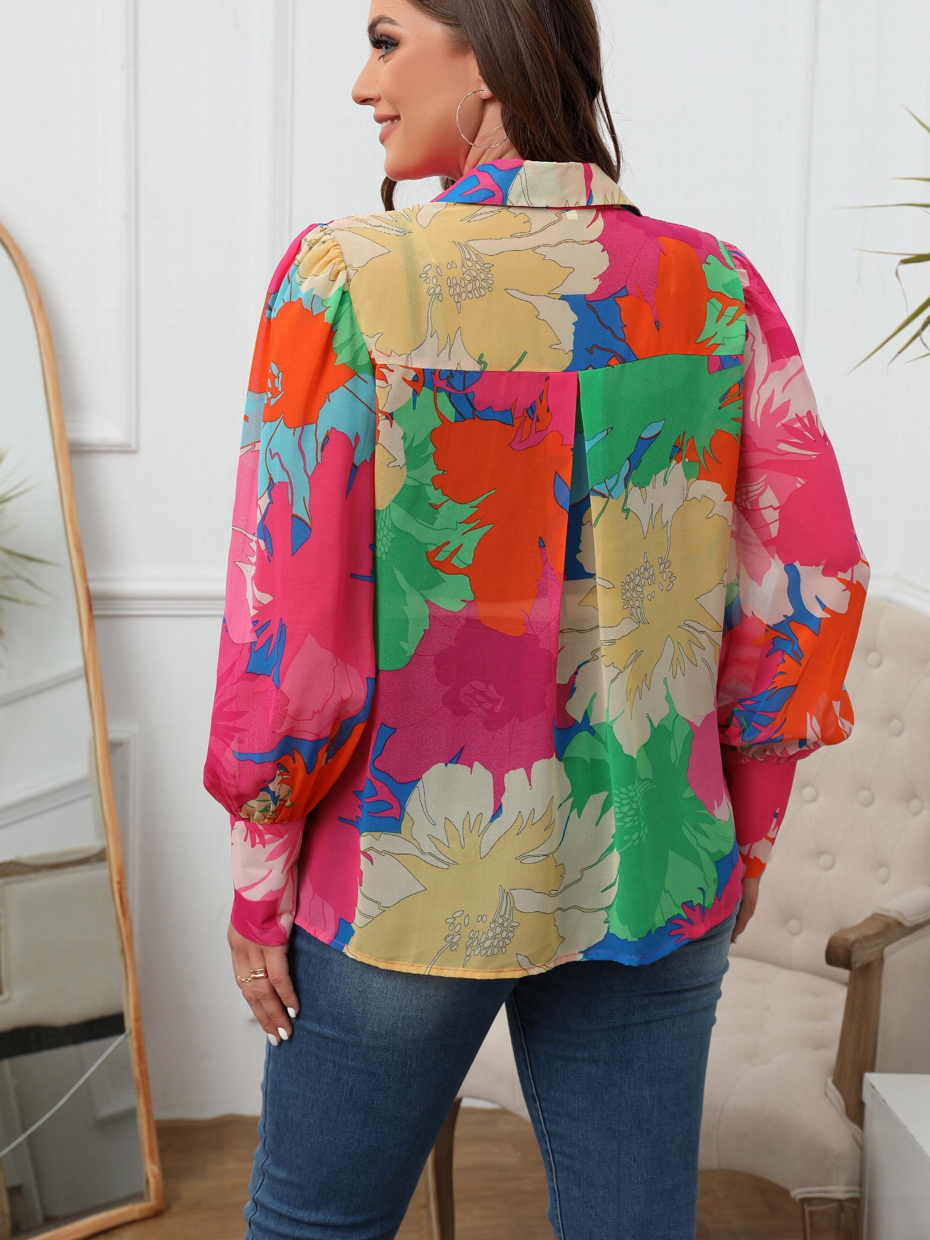  Vacay Blouse Women's Plus Floral Print Button Up Long Sleeve