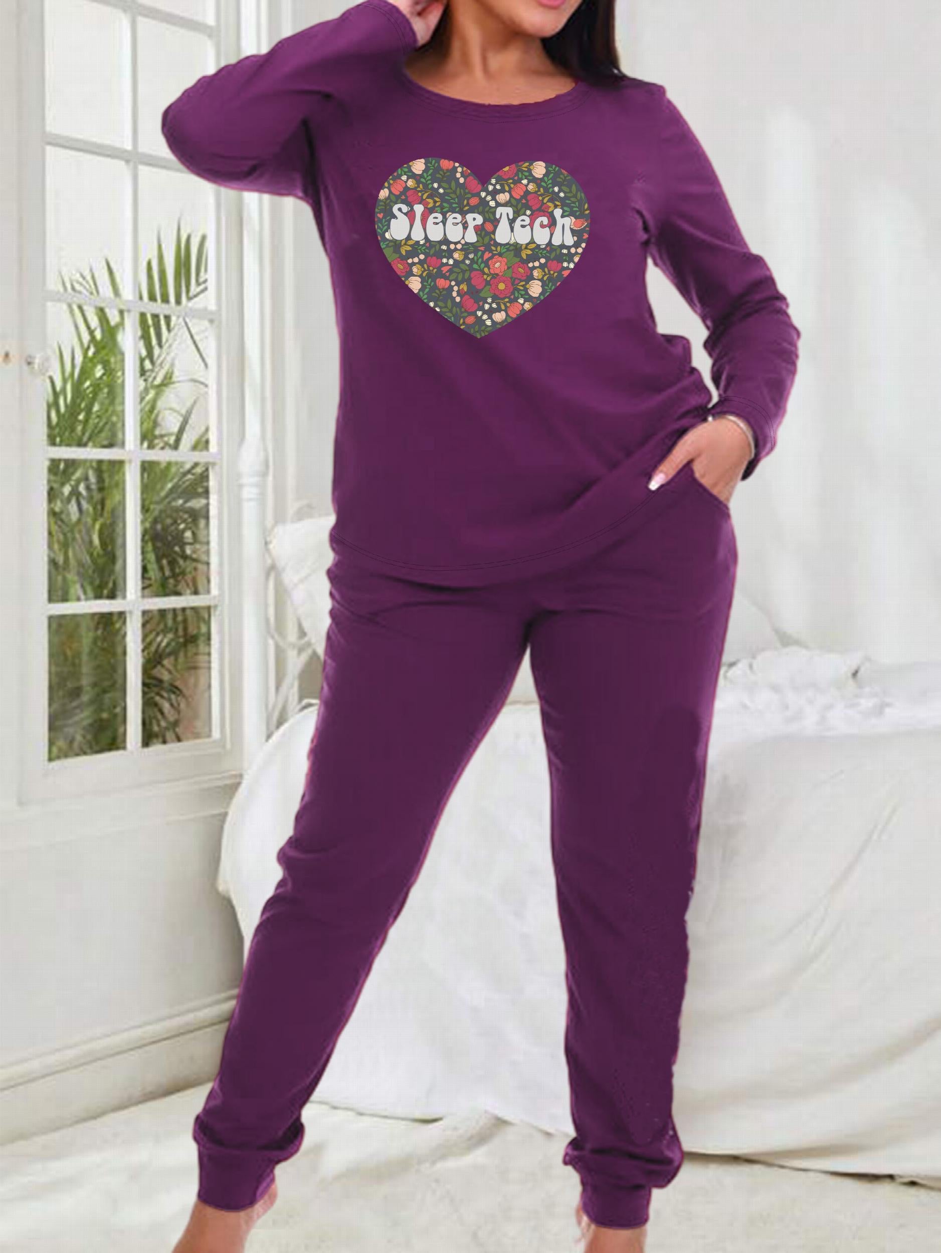  Floral Heart & Letter Graphic Tee & Pants Lounge Set