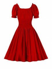  Retro Dress Off Shoulder Puff Sleeve V Neck Swing A line Dress