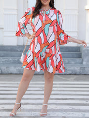  Geometric Print Bell Sleeve Tie Front Dress