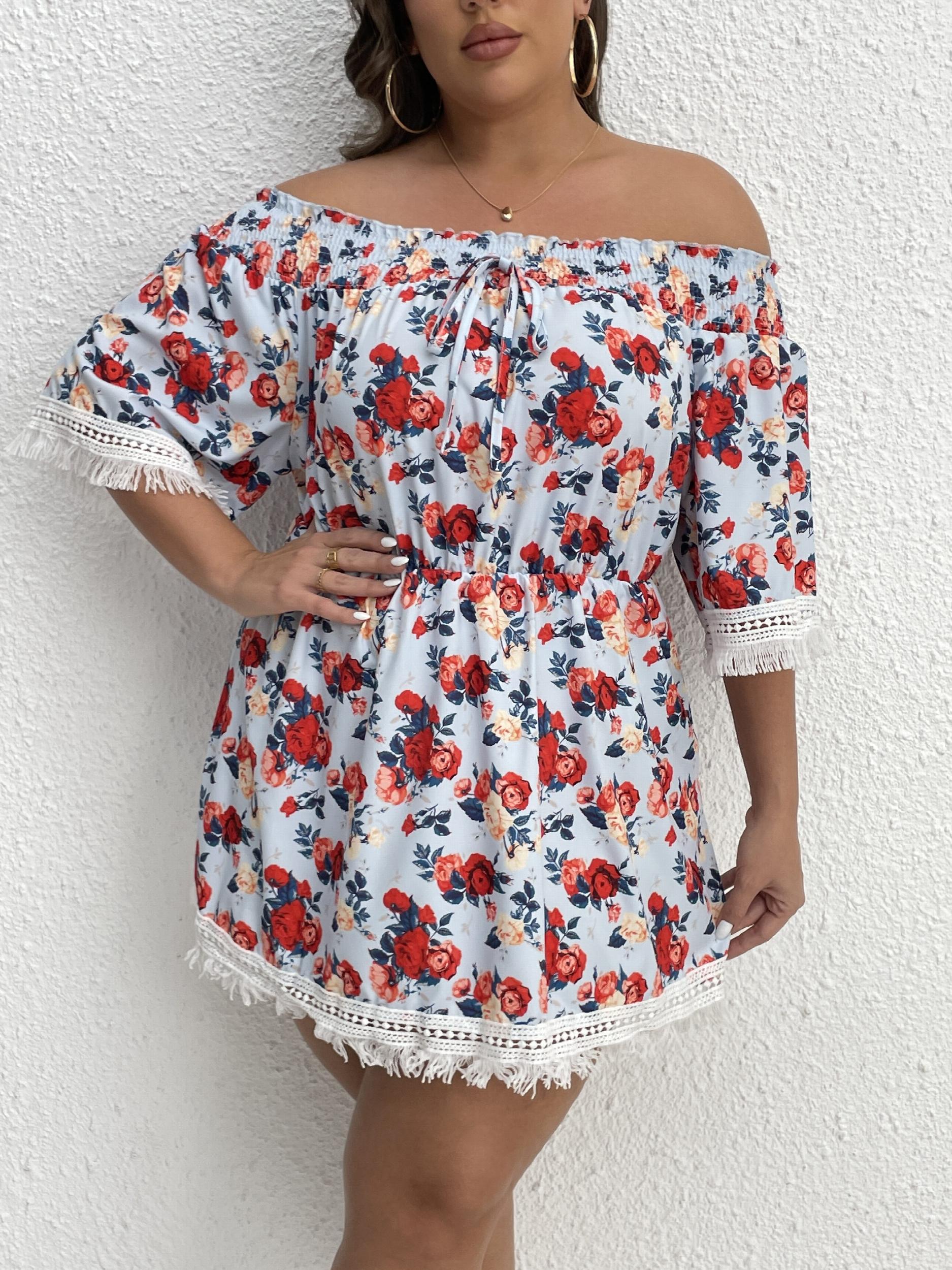  Vacay Blouse Women's Plus Shirred Rose Print Off Shoulder Tie Blouse