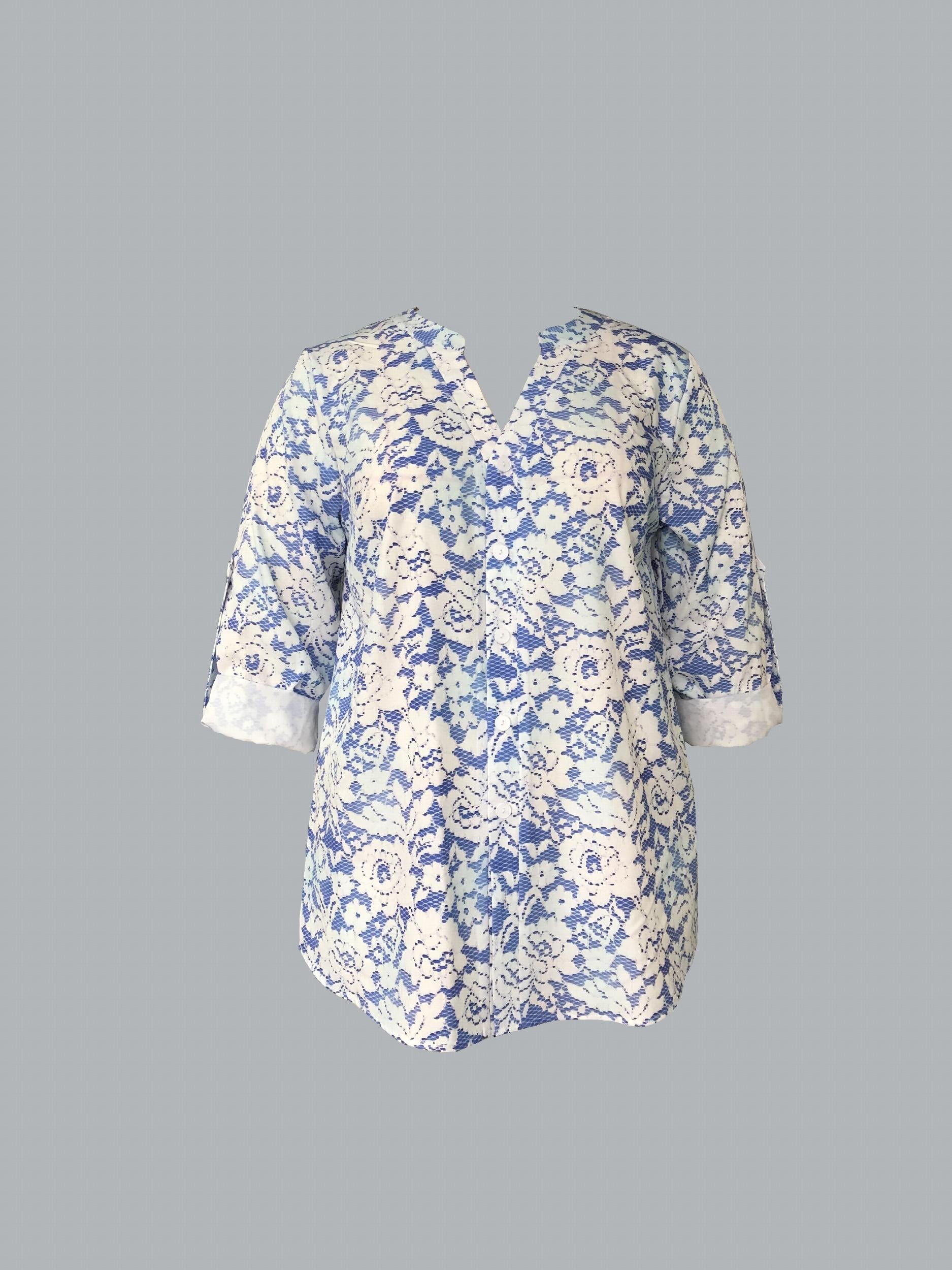  Floral Print Roll Up Sleeve Button Up Tunic Top