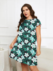  Floral Print Loungewear Dress Scallop Trim Tee Dress