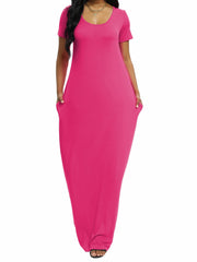  Solid V Neck A Line Short Sleeve Maxi T shirt Dress