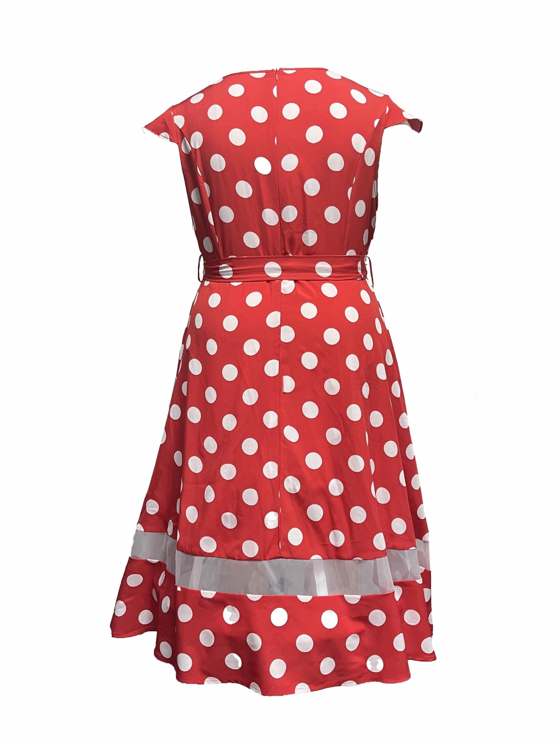  Polka Dot Print V Neck Mesh Dress