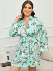  Floral Print Long Sleeve Loungewear Robe With Belt