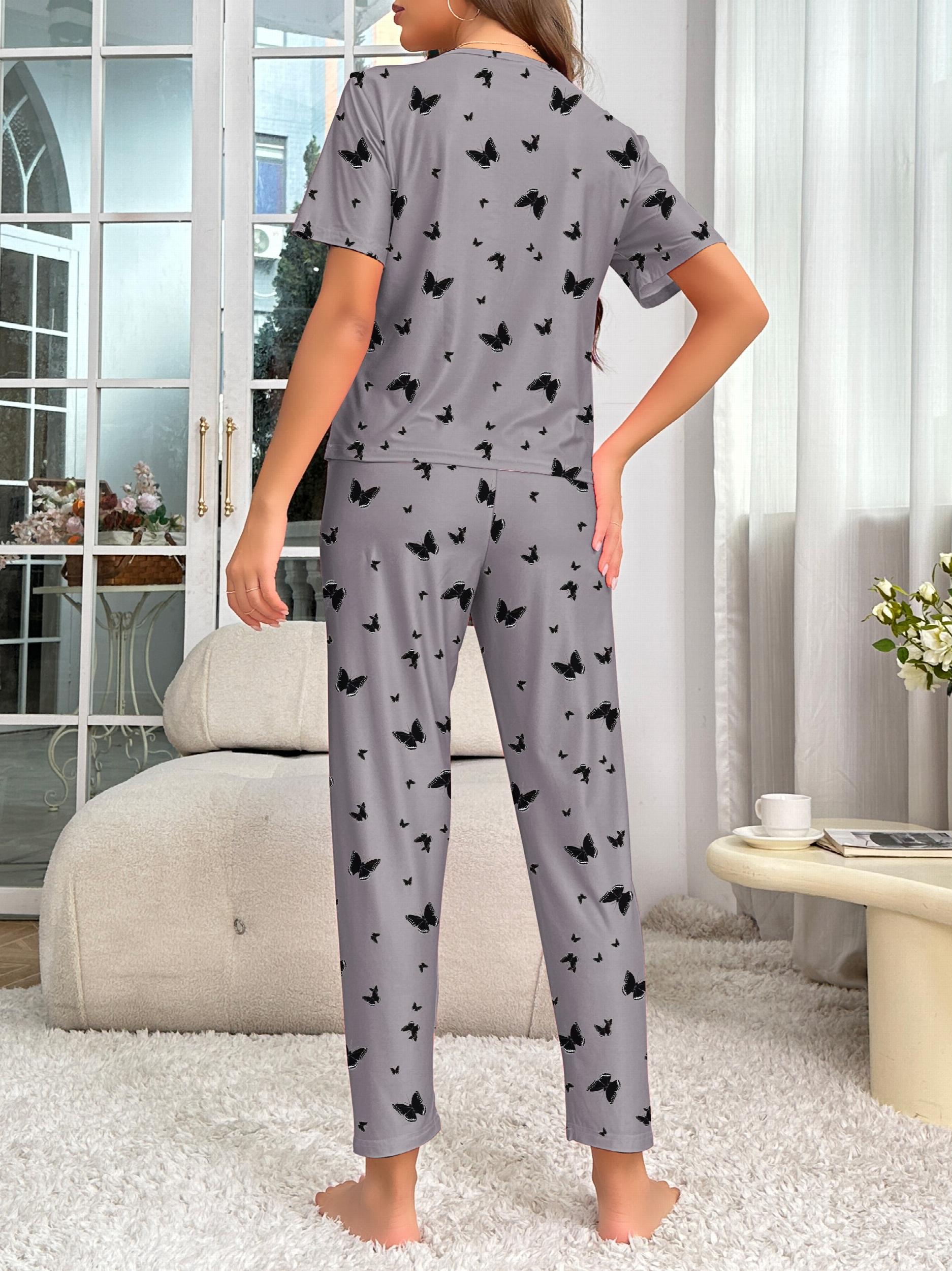 Butterfly Print Pajama Set Short Sleeve Crew Neck Top & Elastic Waistband Pants