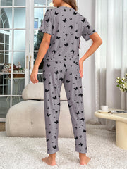 Butterfly Print Pajama Set Short Sleeve Crew Neck Top & Elastic Waistband Pants