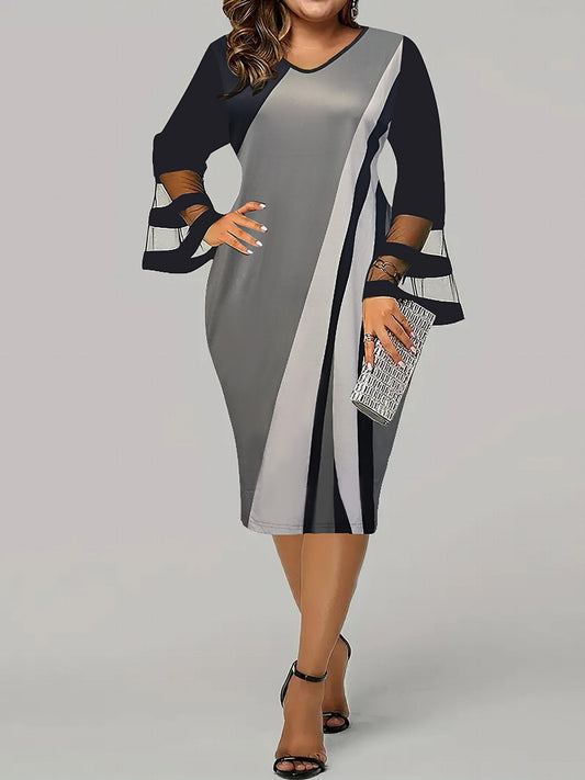  Colorblock Mesh Sleeve V Neck Dress
