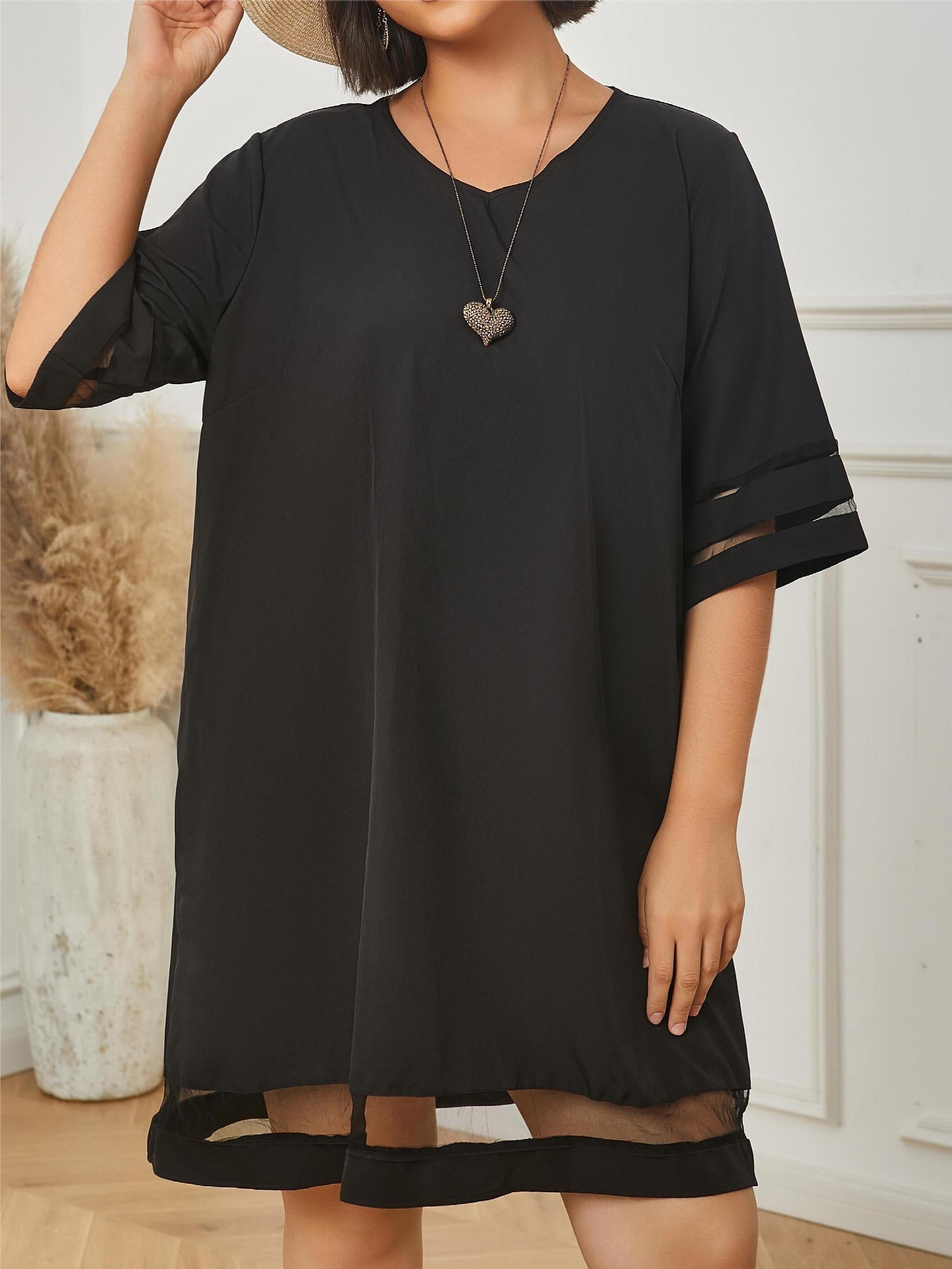  Casual Dress Women's Solid Contrast Mesh Half Sleeve V Neck Dress