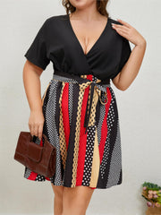  Colorblock Polka Dot Print Short Sleeve Dress