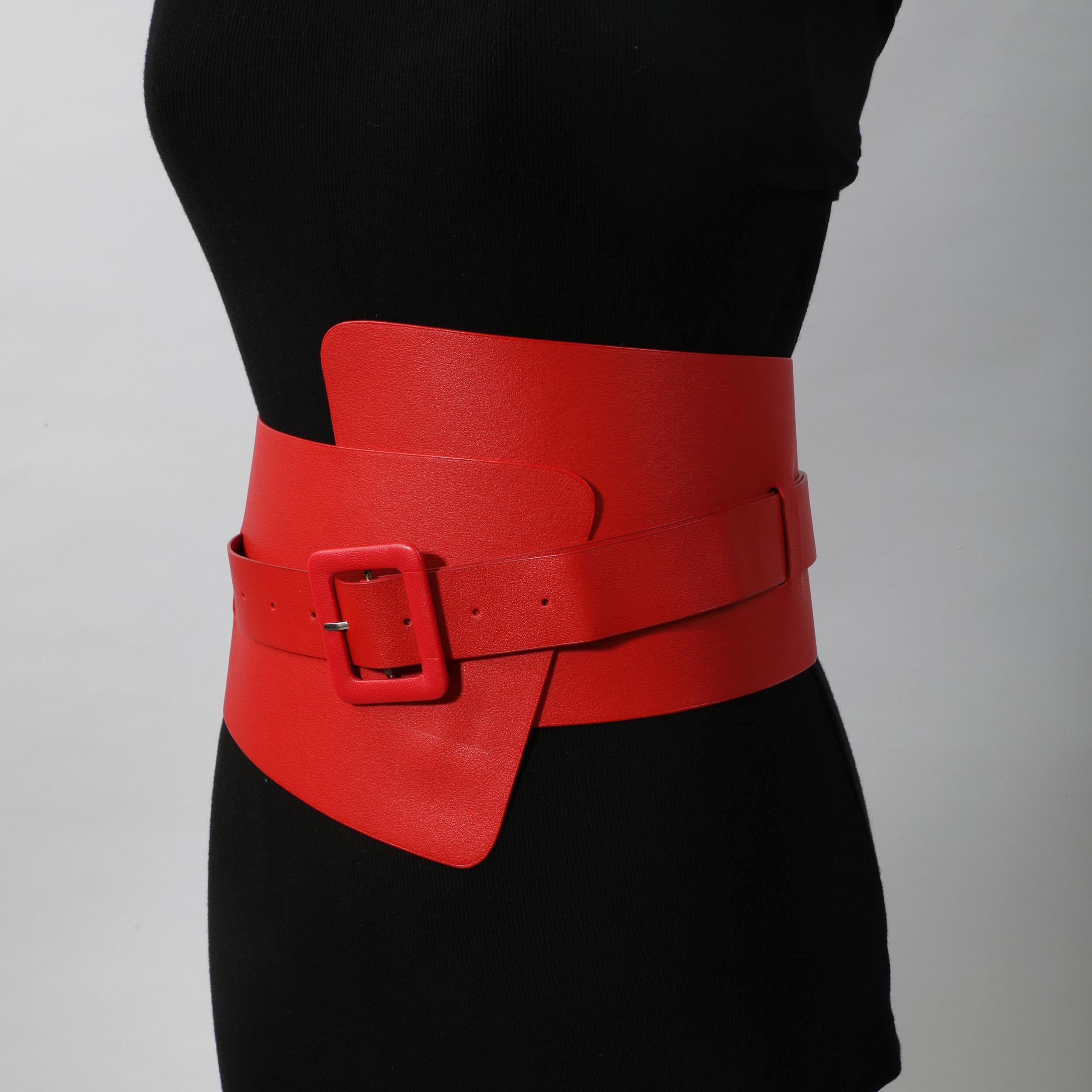 Red PU Corset Belt Adjustable Square Pin Buckle Classic Wide Waistband