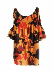  Abstract Print Off Shoulder Layered Sleeve Dress