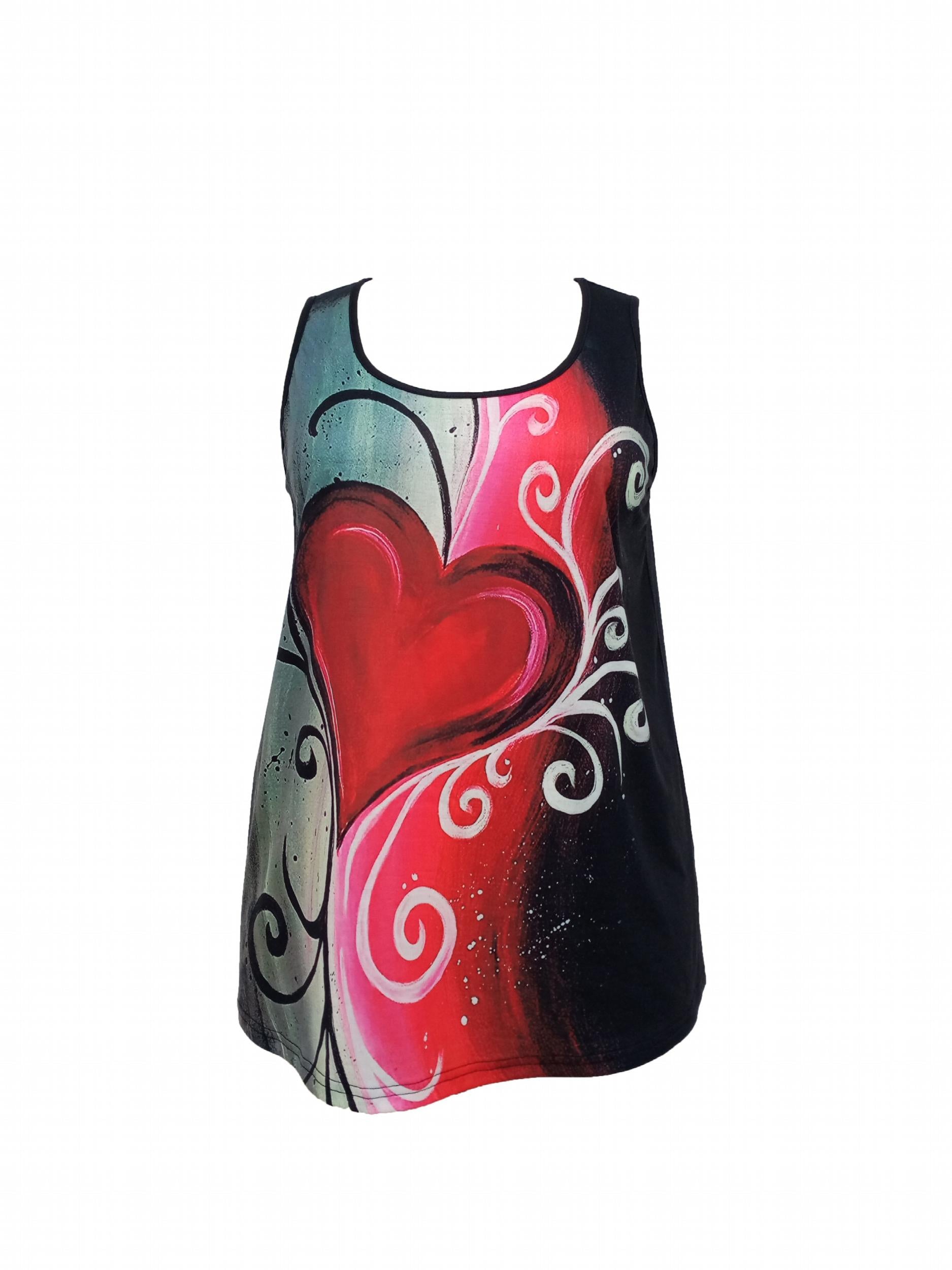  Heart Print Tank Top Women's Round Neck Stretch Casual Top