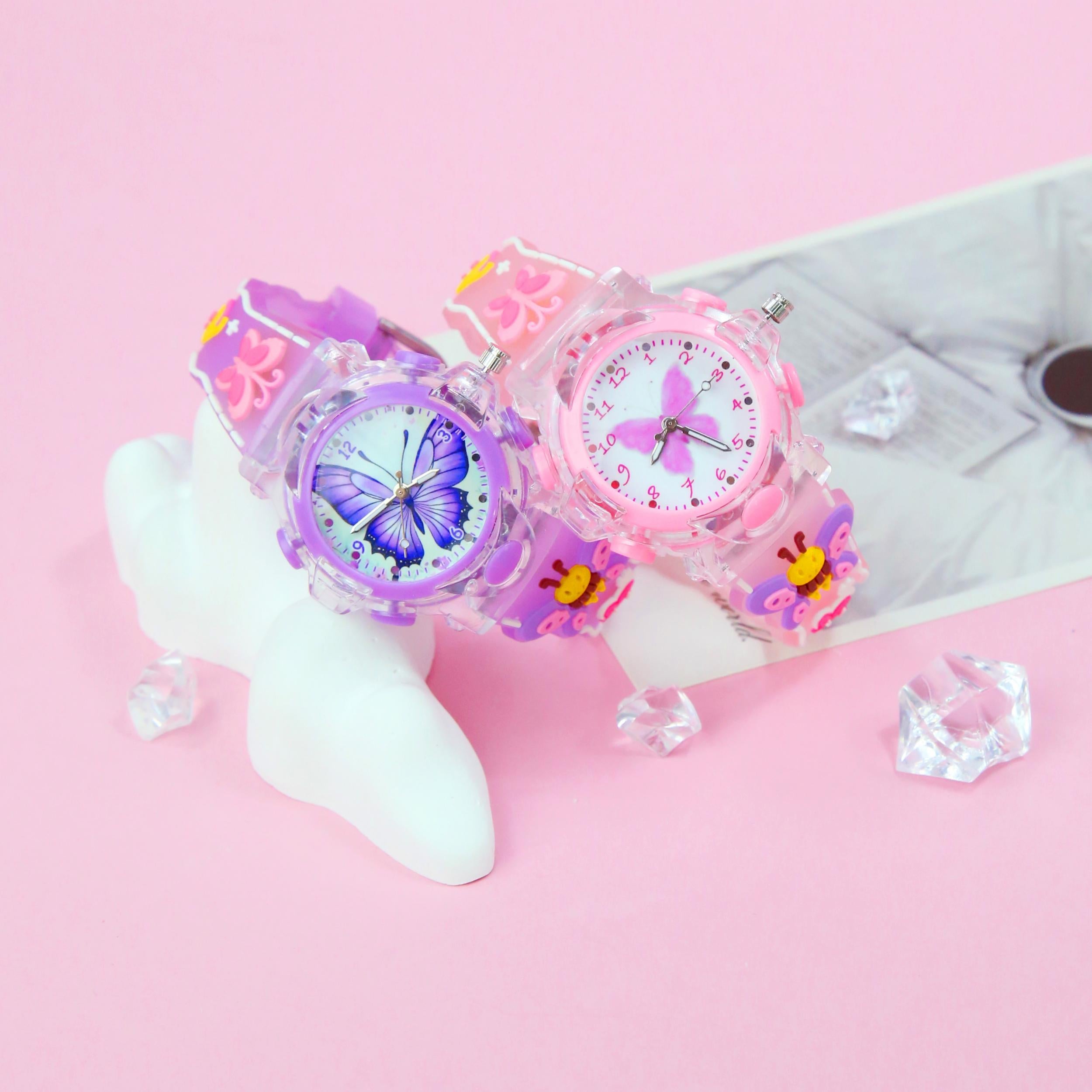 Butterfly Quartz Watch Glowing Hands Soft Silicone Strap Pink Dial Charms