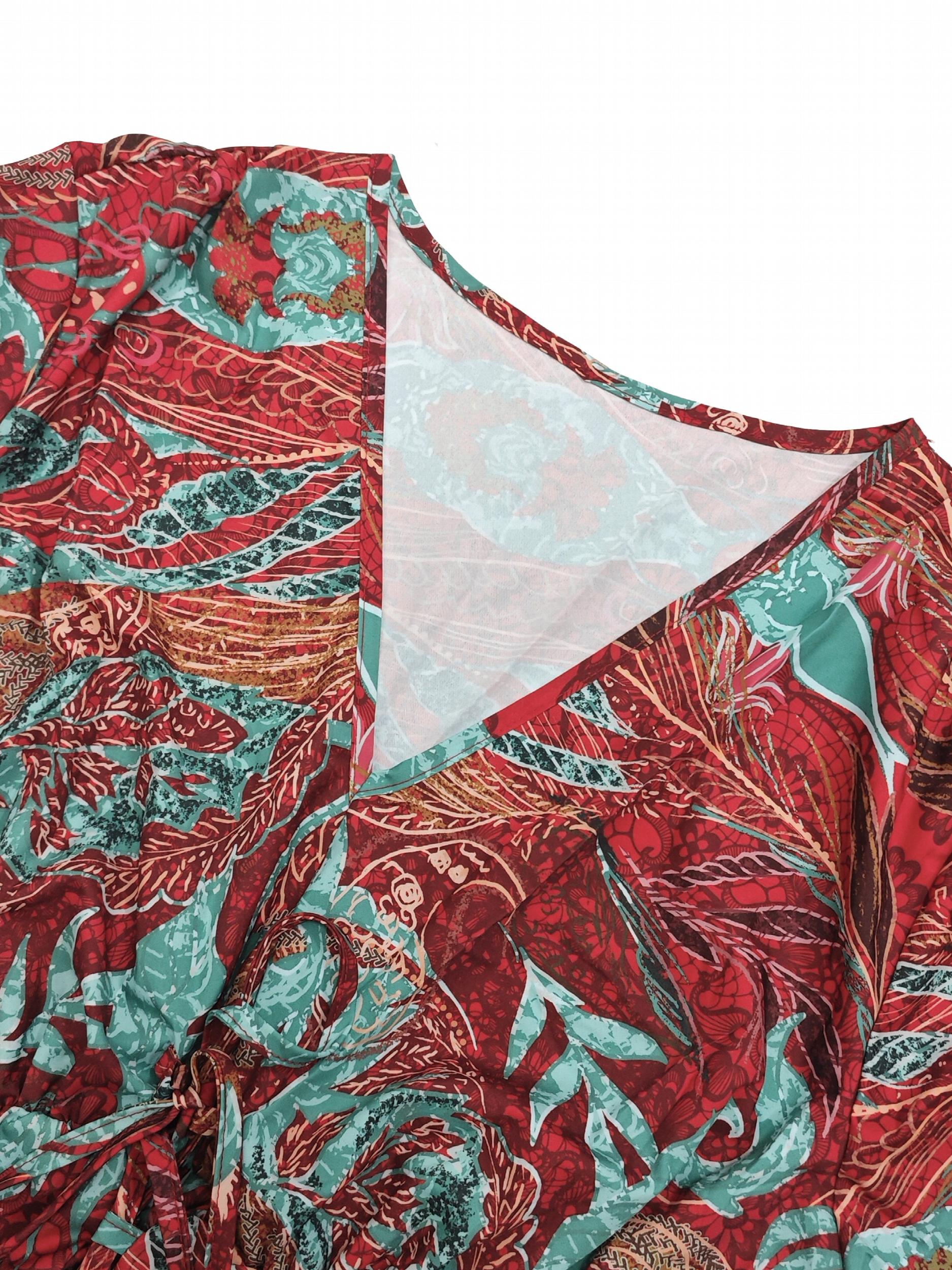  Boho Dress Women's Plus Leaf & Paisley Irregular Sleeve V Neck Dress