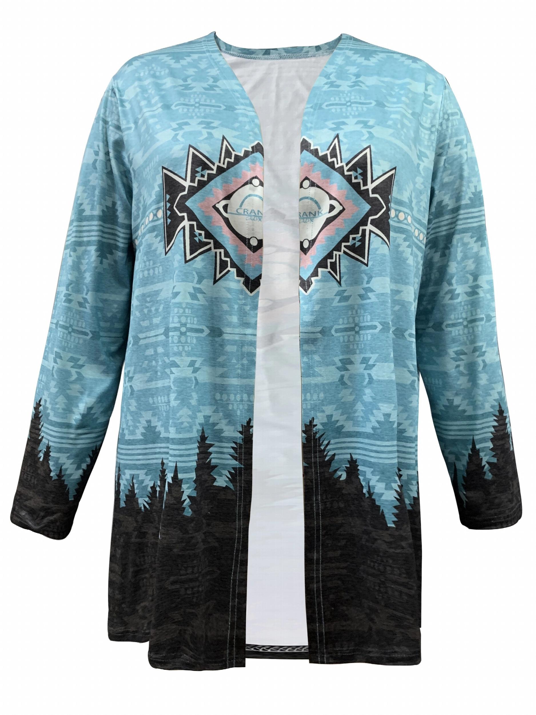  Boho Cardigan Women's Plus Colorblock Print Long Sleeve Open Front