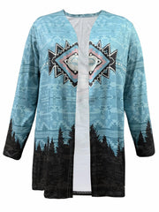  Boho Cardigan Women's Plus Colorblock Print Long Sleeve Open Front