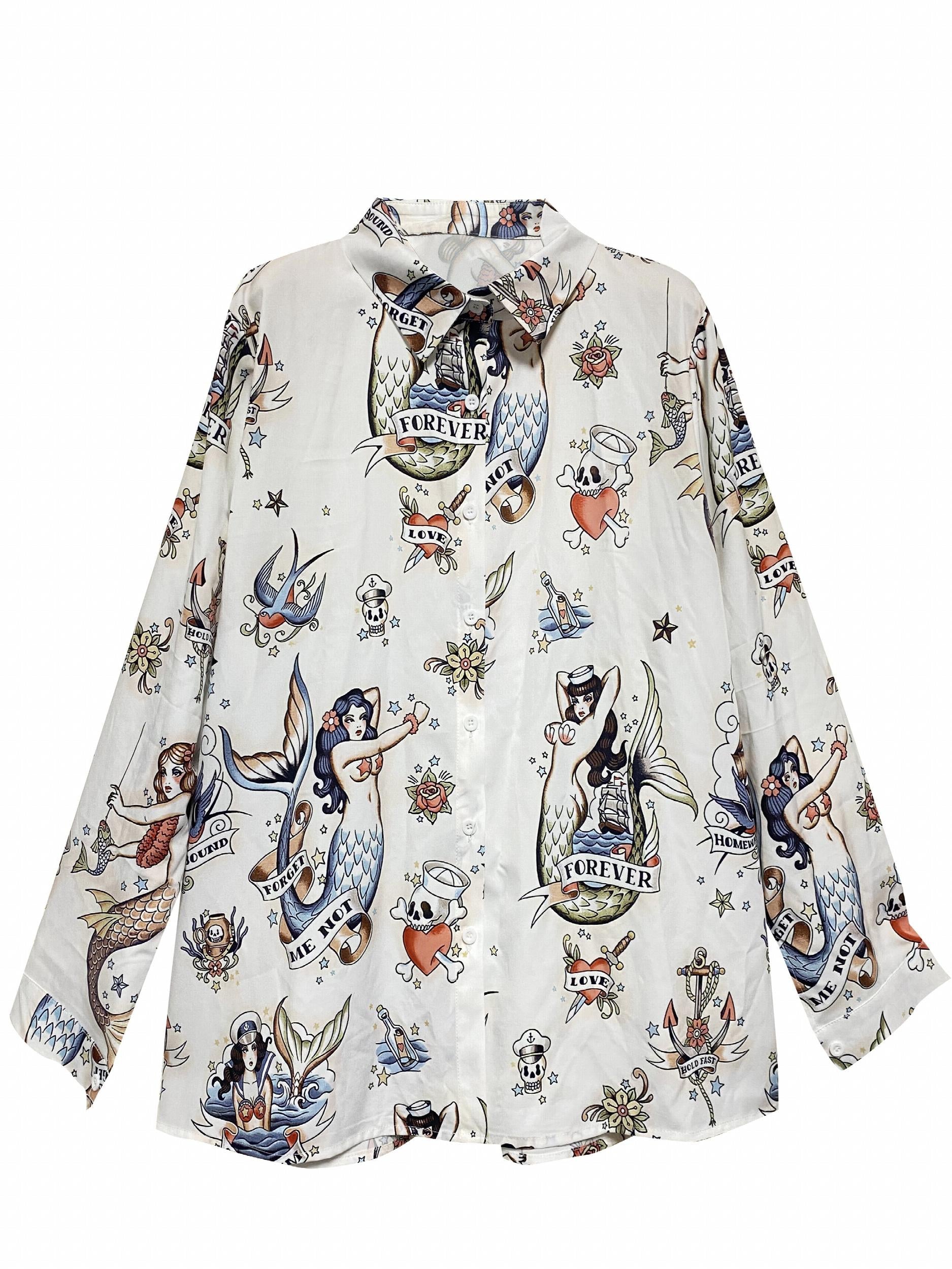 Graphic Print Button Up Blouse
