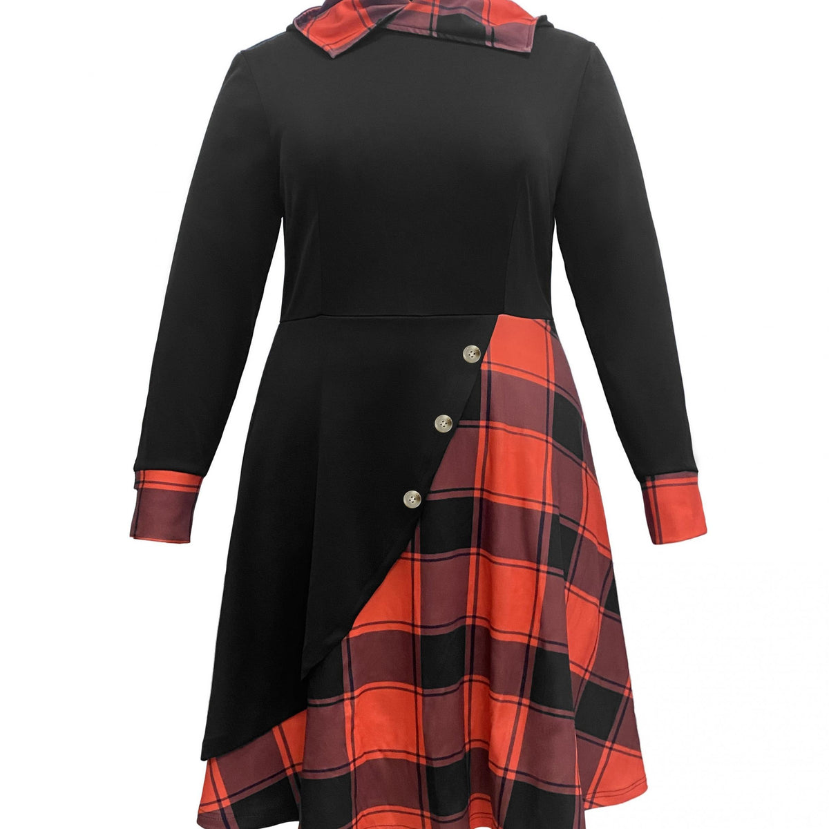  Colorblock Plaid Print Hooded Dress