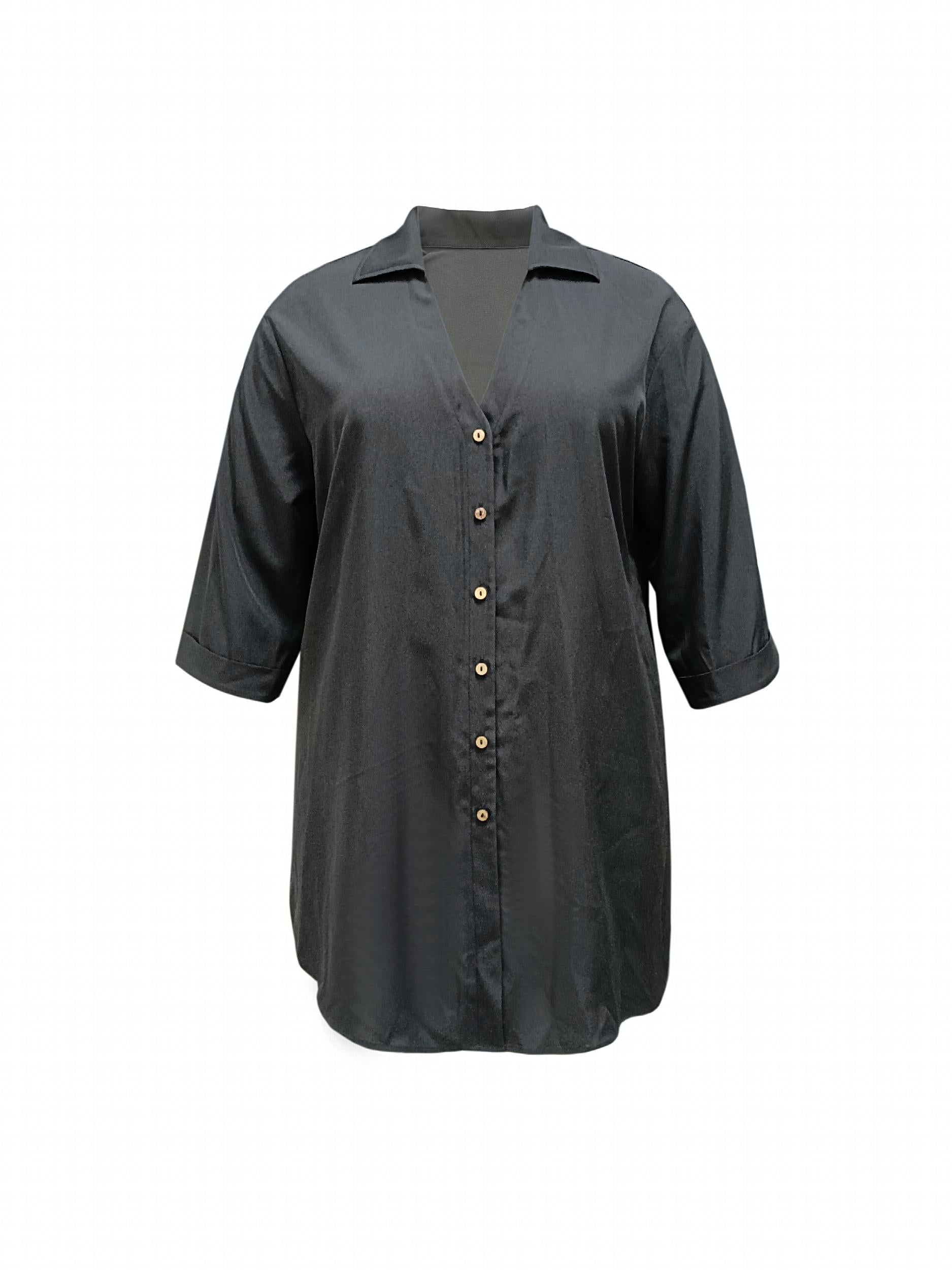  Solid Button Up Blouse Roll Up Sleeve Notched Neck