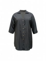  Solid Button Up Blouse Roll Up Sleeve Notched Neck