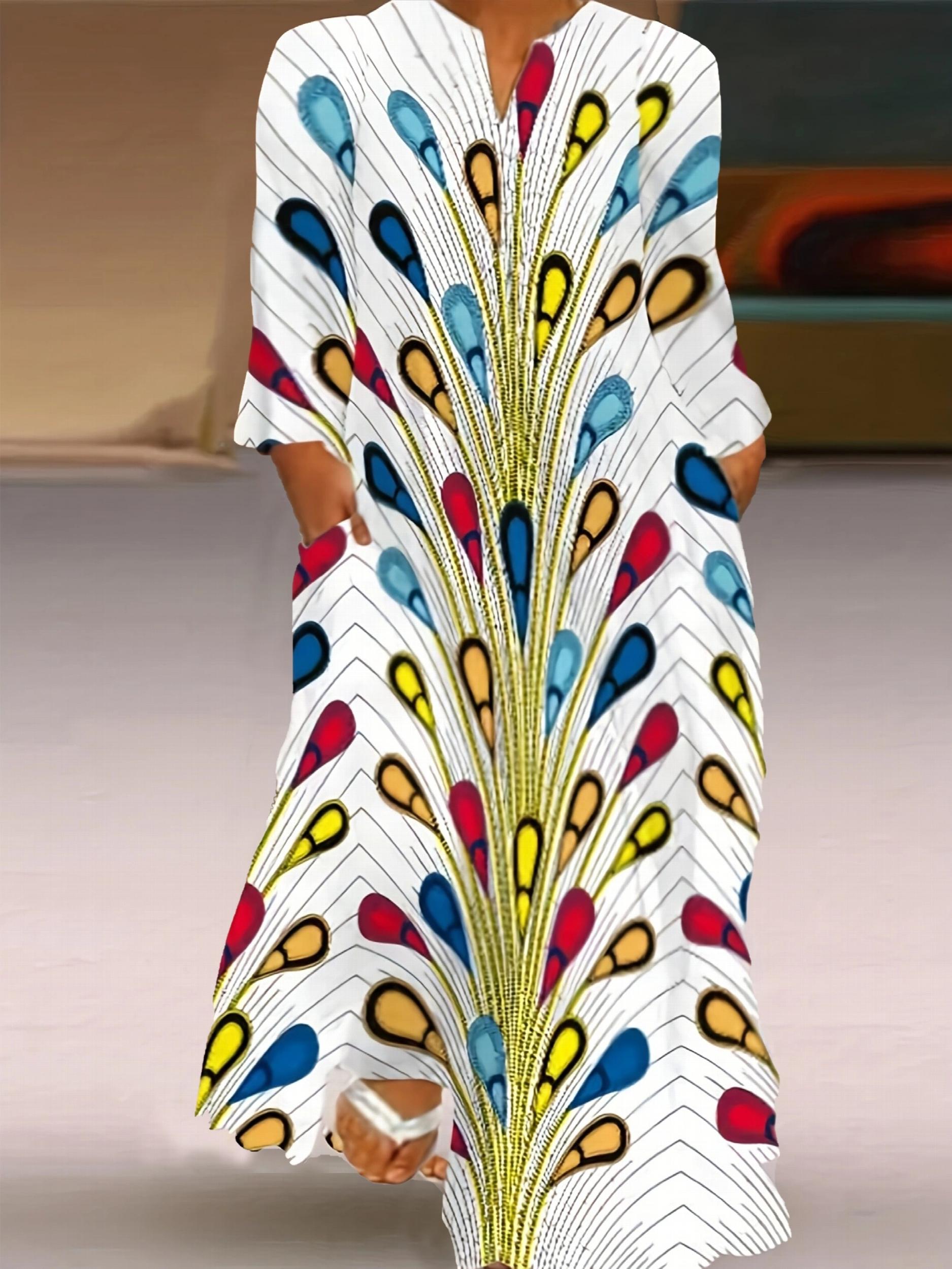  Moon & Feather Print Maxi Dress with Pockets