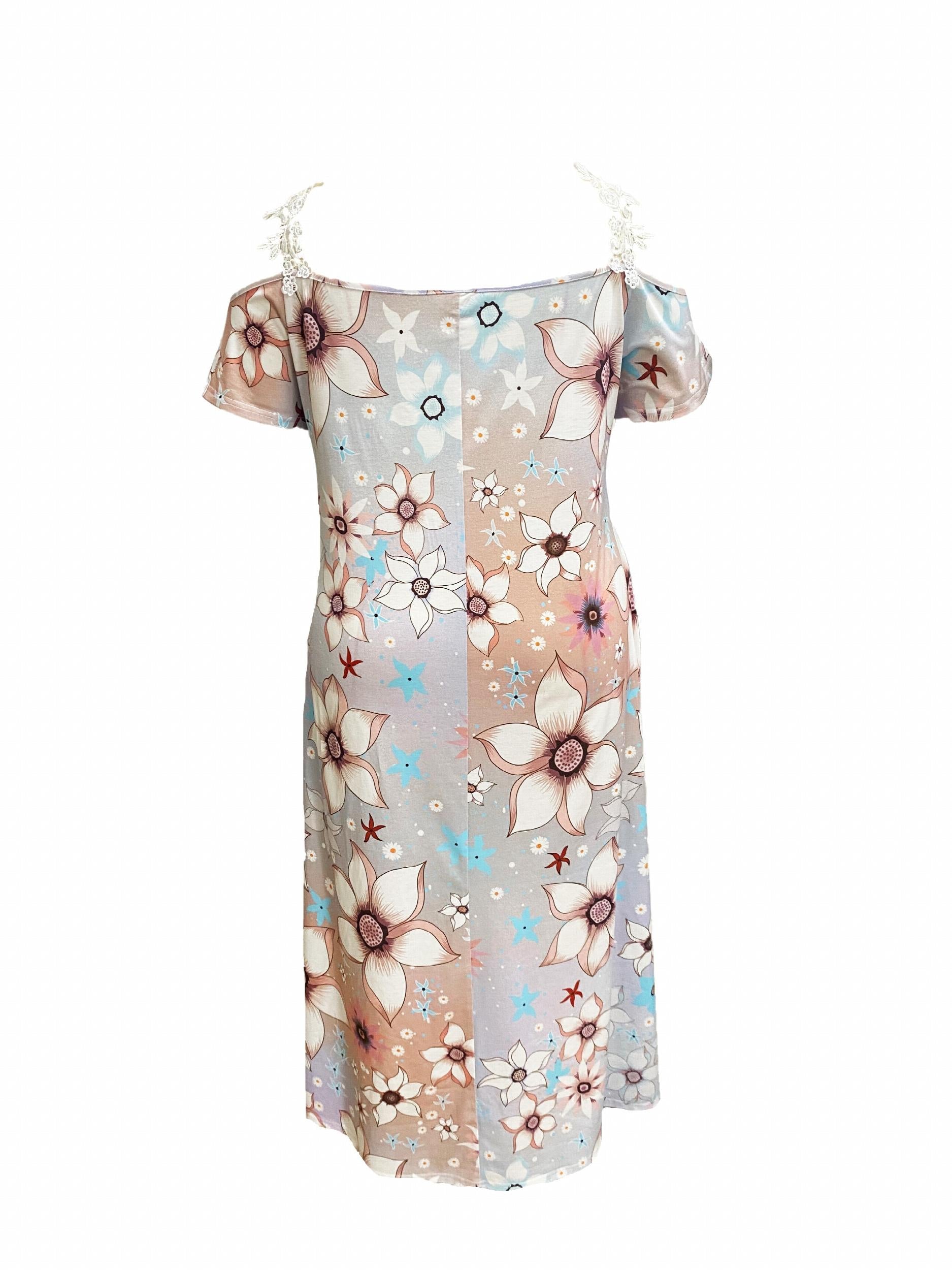  Floral Print Lace Panel Maxi Dress
