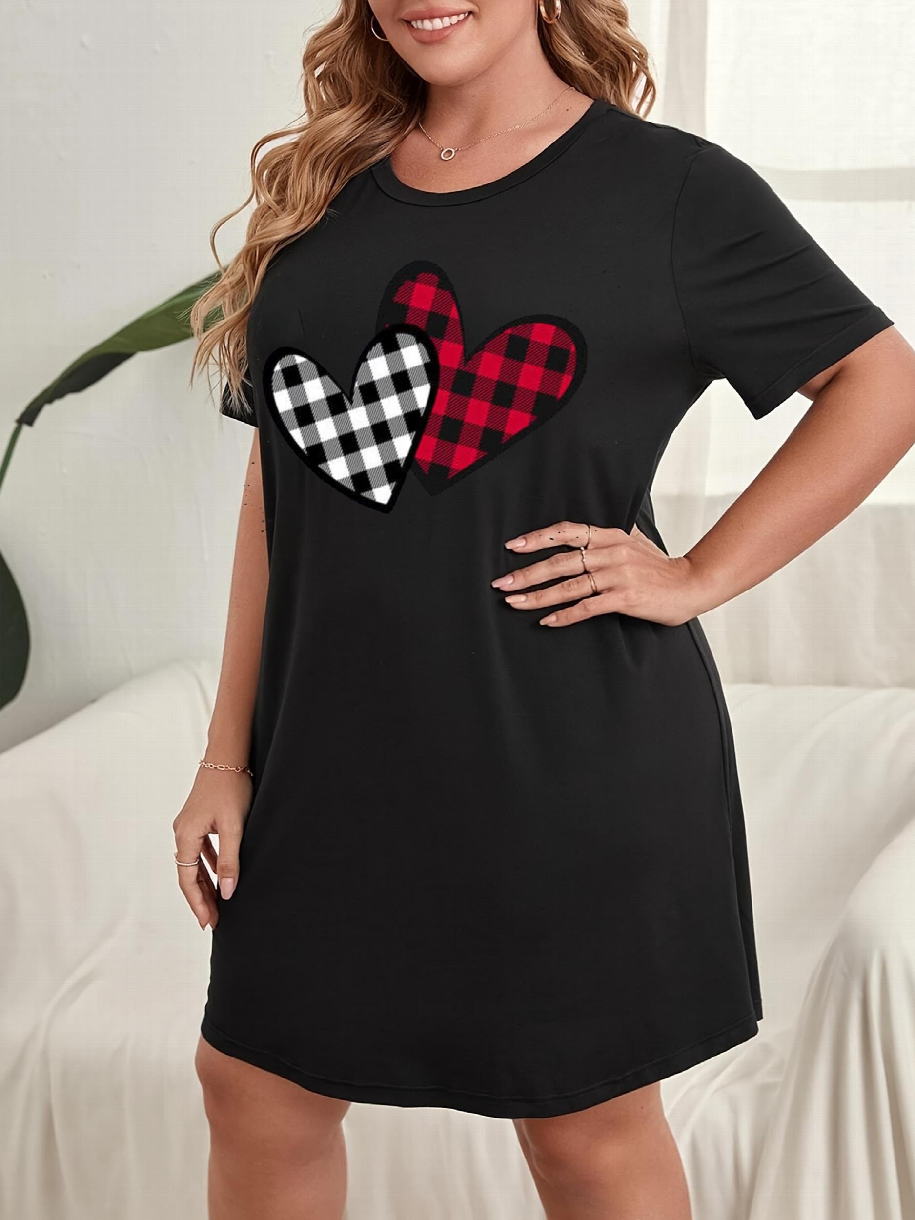  Plaid Heart Print Nightshirt Short Sleeve Graphic Nightdress