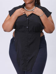  Y2k Blouse Cap Sleeve Button Up Turn Down Collar Top
