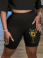  Sunflower & Letter Print High Rise Skinny Shorts