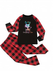  Cat & Plaid Print Pajama Set Tee & Pants Lounge Two Piece Set