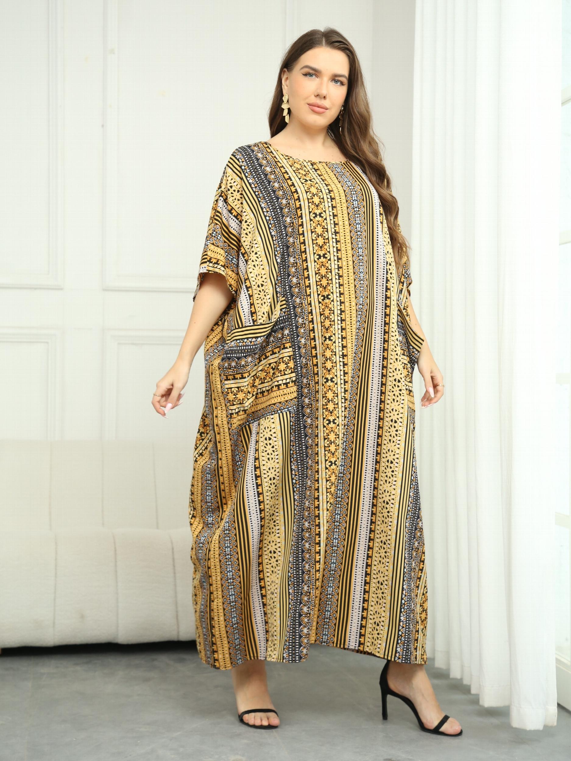  Patchwork Print Batwing Sleeve Loose Fit Maxi Jalabiya Dress