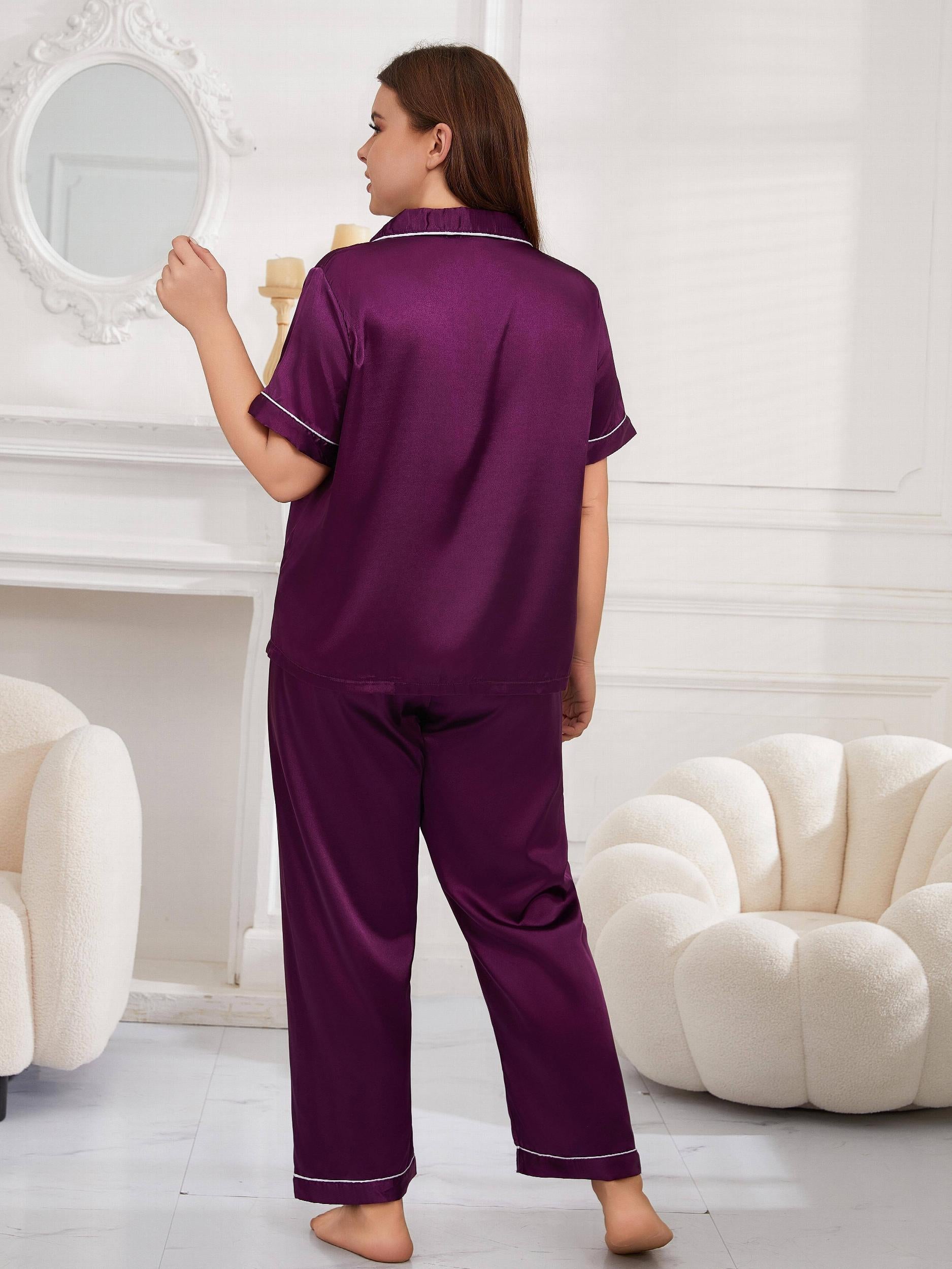  Contrast Binding Short Sleeve Satin Pajamas Set