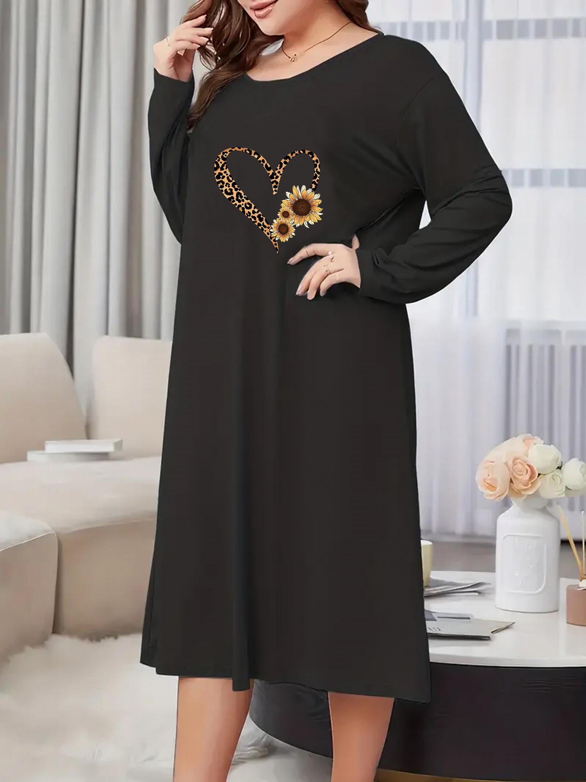  Casual Nightdress Leopard Print Long Sleeve Tee Sleep Dress