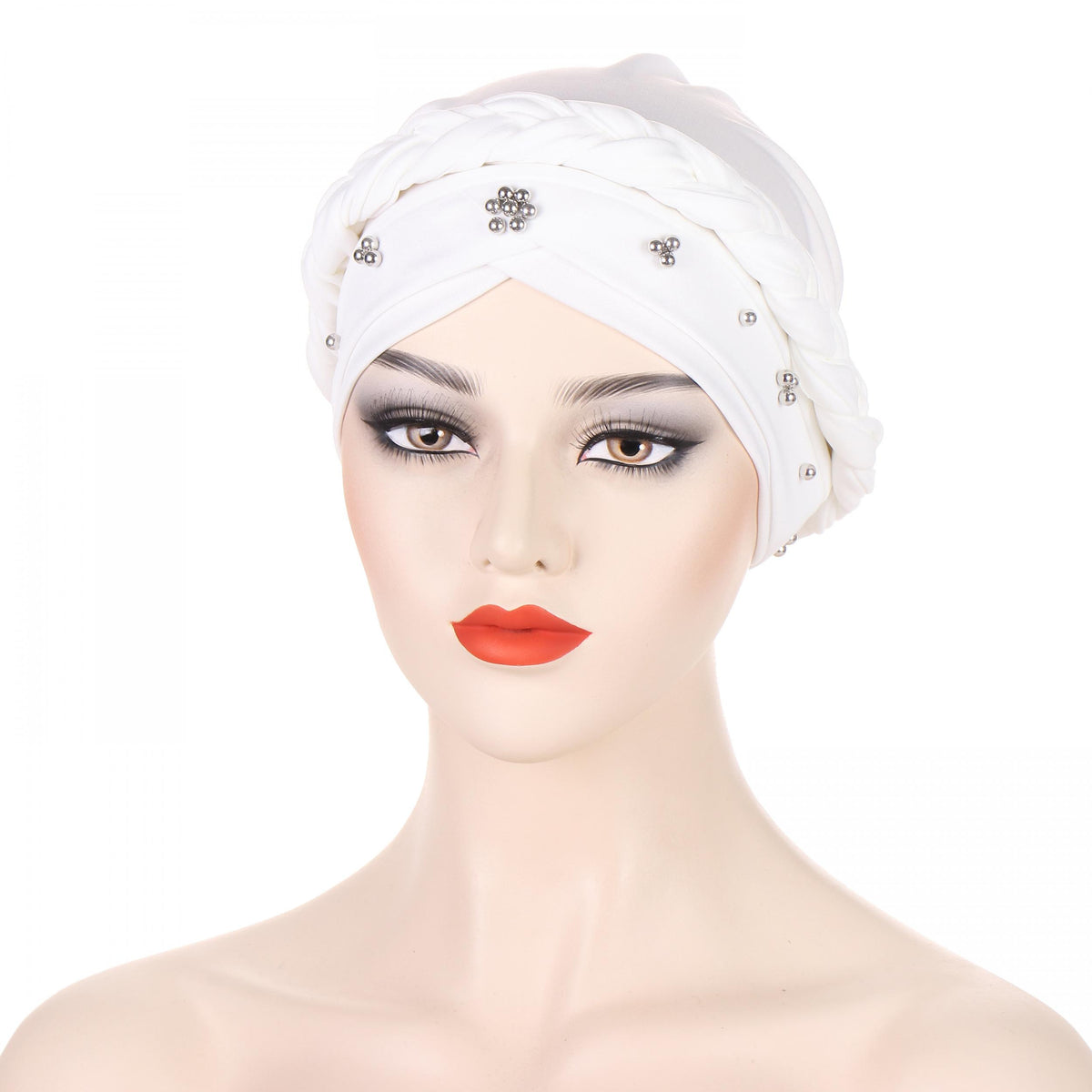 Beads Decor Braided Turban Cap Elastic Hijab Hat Lightweight Head Wraps
