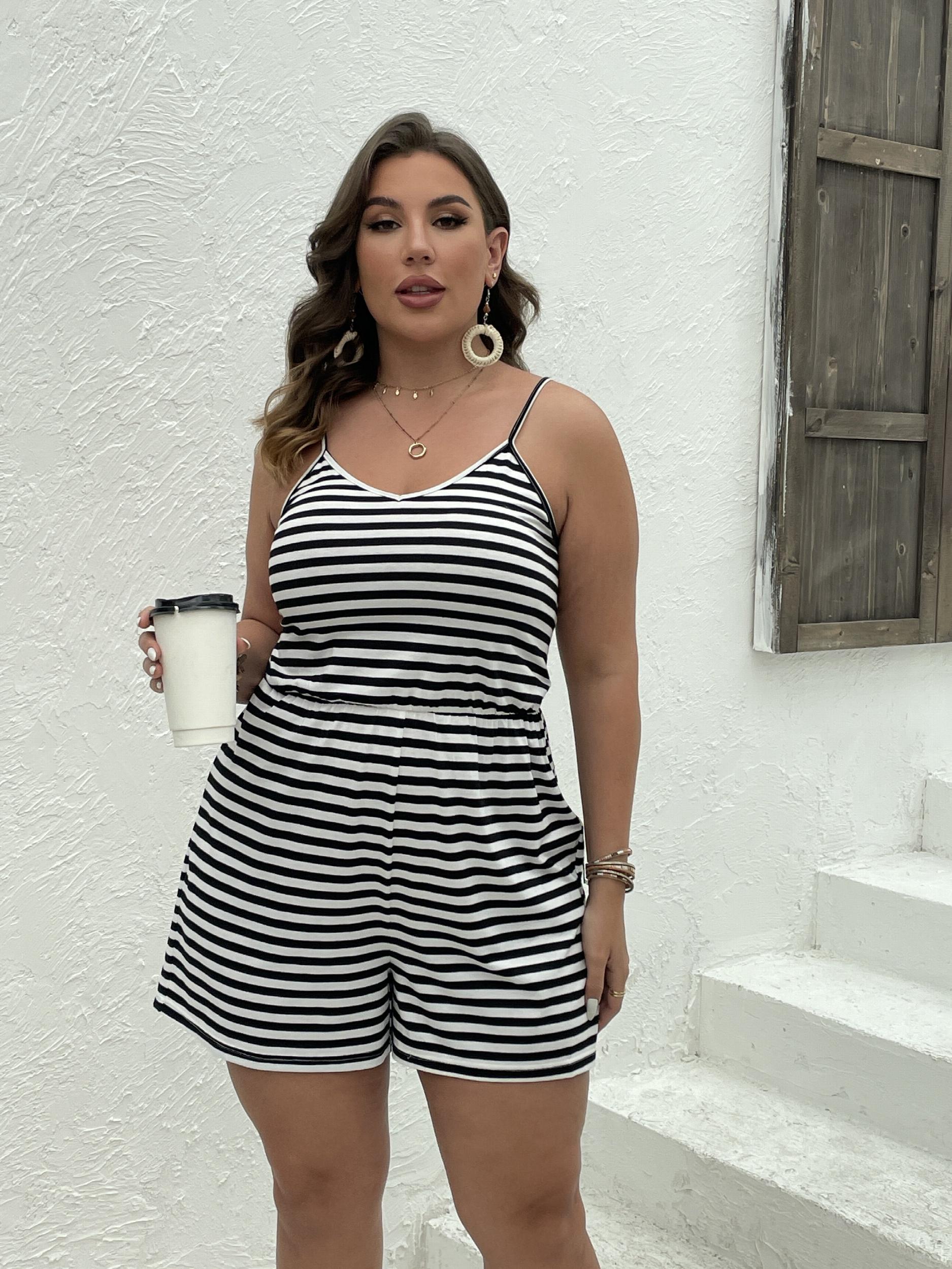  Stripe Print V Neck Stretch Romper