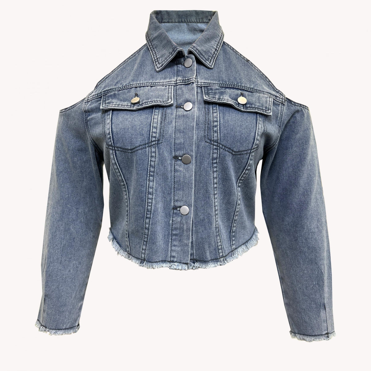  Sexy Denim Jacket - Cold Shoulder Button Up Crop Denim Jacket