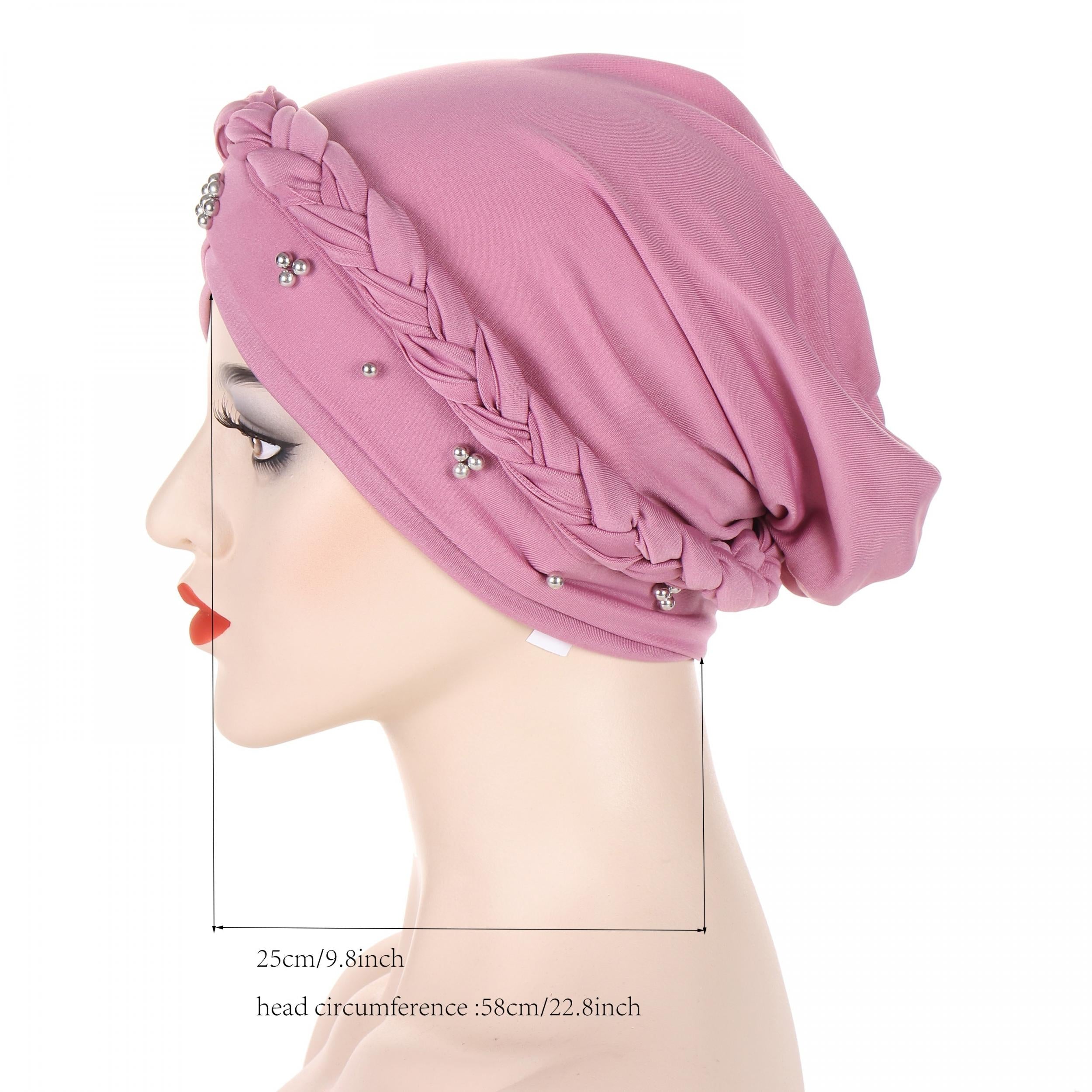 Beads Decor Braided Turban Cap Elastic Hijab Hat Lightweight Head Wraps