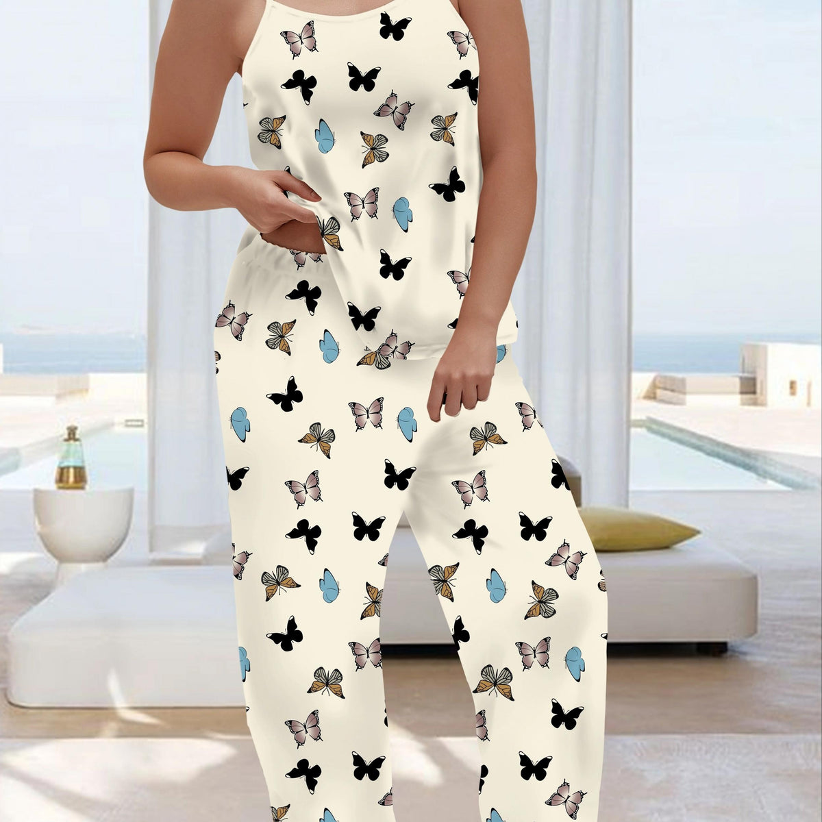  Butterfly Print Cami Top & Wide Leg Pants Pajamas Set