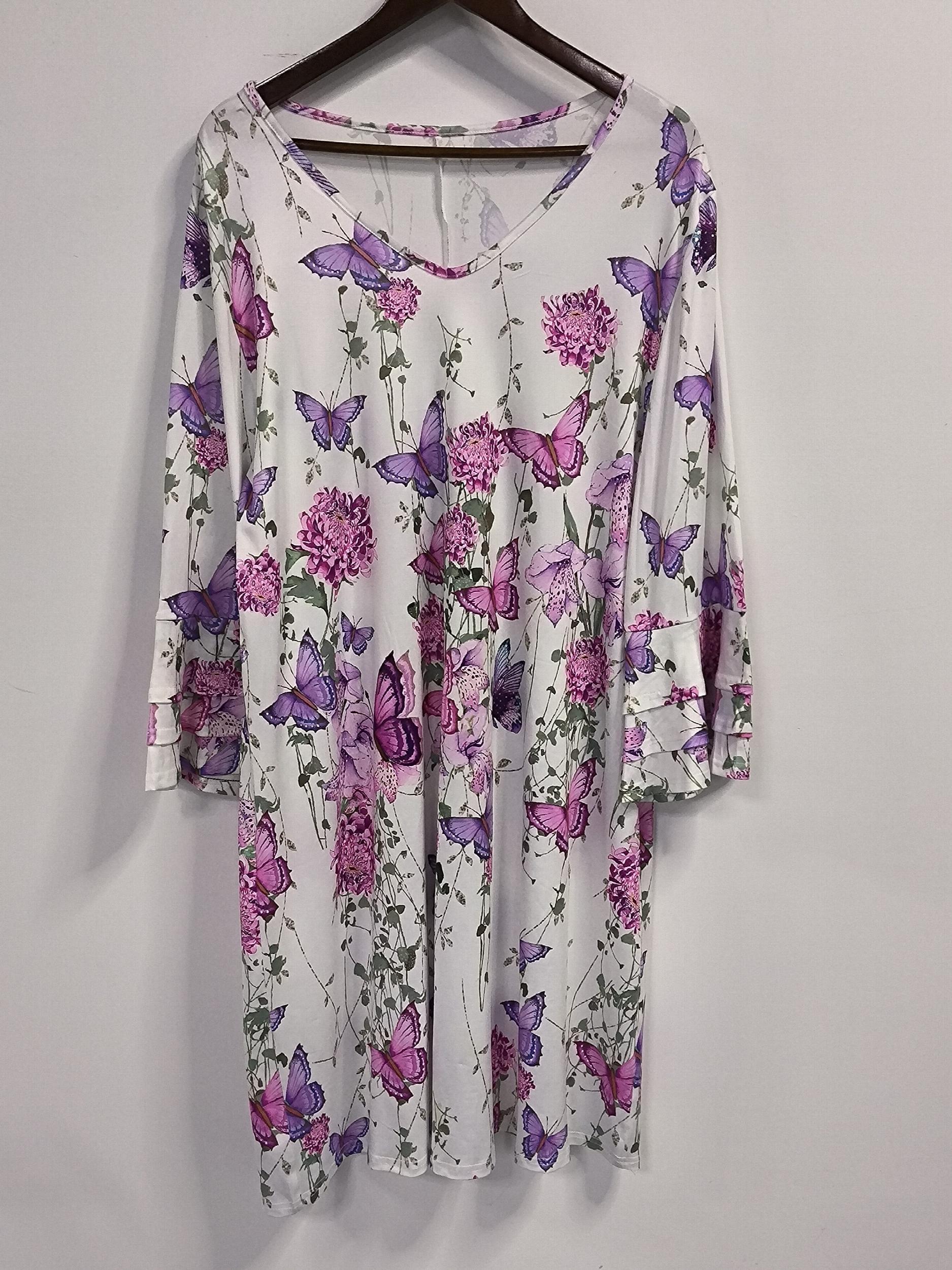  Boho Dress Floral Butterfly Print Bell Sleeve V-Neck